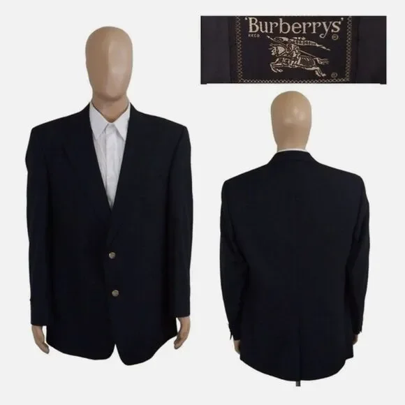 Vintage BURBERRYS‎ Super 100's Wool Blazer Suit Jacket Sport Coat Navy Blue 40L
